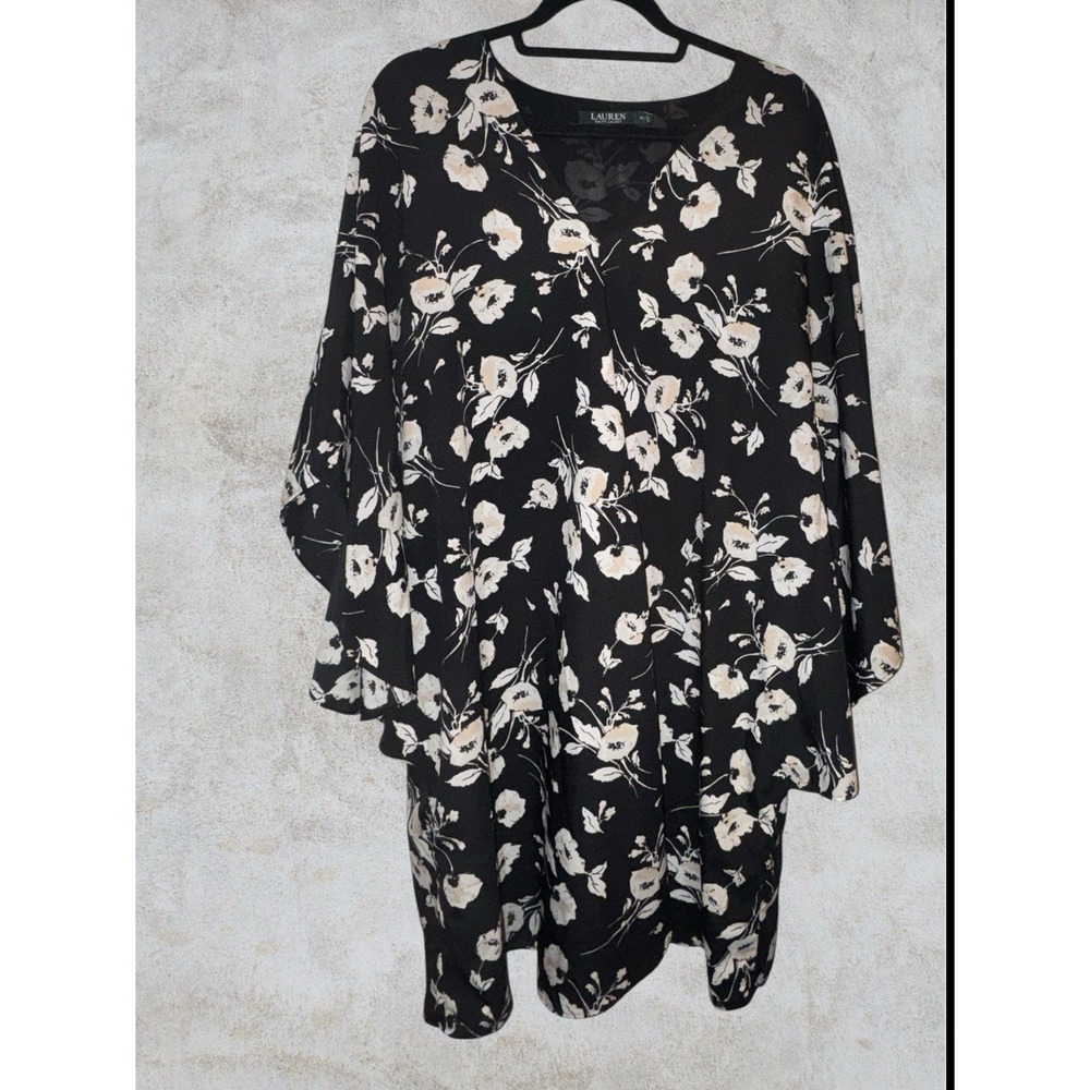 Lauren‎ Ralph Lauren Black Floral Crepe Shift Dress  V-Neck  Coastal Cowgirl XL